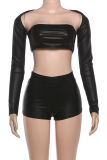 Black Bandeau Long Sleeve Three Piece Set Leather Crop Top Shorts Stylish Edgy Outfit