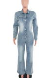 Light Blue Denim Shirt Jumpsuit Loose Wide Leg Long Sleeve Casual Workwear One Piece