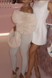 Khaki Off Shoulder Fur Trim Jumpsuit Slim Fitted Bodycon Stylish One Piece Pantsuit