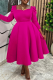 Rose Red Square Neck Puff Sleeve Dress Waist Cinched Flared Retro Midi Dress