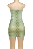 Green Bandeau Snake Print Dress Waist Cinched Bodycon Sexy Mini Party Gown