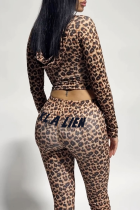 Brown Casual Leopard Print Camouflage Print Zipper Hooded Long Sleeve Two Pieces