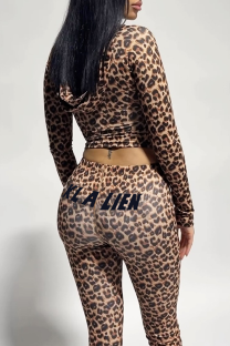 Brown Casual Leopard Print Camouflage Print Zipper Hooded Long Sleeve Two Pieces