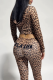 Brown Casual Leopard Print Camouflage Print Zipper Hooded Long Sleeve Two Pieces