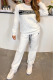 White Embossed Letter Set Long Sleeve Crew Neck Top Drawstring Wide Leg Pants Casual Two Piece