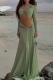 Green Hollow Out V Neck Two Piece Set Long Sleeve Top Slim Fit Maxi Skirt Sexy Vacation Outfit