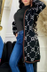 Black Embossed Letter Knit Cardigan Mid Length Contrast Trim Loose Casual Coat