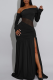 Black Off Shoulder Mesh Panel Dress Ruched Slit Slim Maxi Elegant Evening Gown