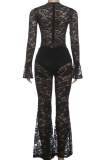 Burgundy Lace Cutout Two Piece Set Deep V Top Flared Pants Sexy Slim Fashion Outfit