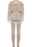 Khaki Off Shoulder Fur Trim Jumpsuit Slim Fitted Bodycon Stylish One Piece Pantsuit