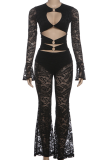 Burgundy Lace Cutout Two Piece Set Deep V Top Flared Pants Sexy Slim Fashion Outfit