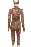 Brown Animal Print Three Piece Set Turtleneck Long Sleeve Top Capri Pants Headscarf Slim Fashion Outfit