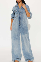 Light Blue Denim Shirt Jumpsuit Loose Wide Leg Long Sleeve Casual Workwear One Piece