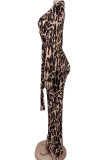 Leopard Print Animal Print Deep V Jumpsuit Waist Tie Long Sleeve Wide Leg Elegant Casual One Piece