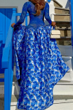 Blue Turtleneck Sheer Dress Printed Maxi Flared Skirt Stylish Vacation Gown