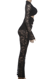 Burgundy Lace Cutout Two Piece Set Deep V Top Flared Pants Sexy Slim Fashion Outfit
