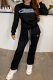 Black Embossed Letter Set Long Sleeve Crew Neck Top Drawstring Wide Leg Pants Casual Two Piece