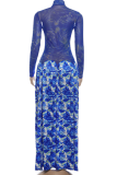 Blue Turtleneck Sheer Dress Printed Maxi Flared Skirt Stylish Vacation Gown