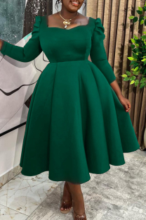 Dark Green Square Neck Puff Sleeve Dress Waist Cinched Flared Retro Midi Dress