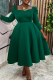 Dark Green Square Neck Puff Sleeve Dress Waist Cinched Flared Retro Midi Dress