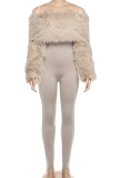 Khaki Off Shoulder Fur Trim Jumpsuit Slim Fitted Bodycon Stylish One Piece Pantsuit