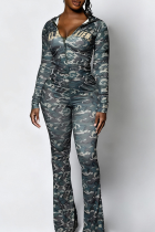 Green Casual Leopard Print Camouflage Print Zipper Hooded Long Sleeve Two Pieces