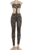 Black Plaid Bandeau Cutout Jumpsuit Slim Skinny Pants Sexy Fashion One Piece