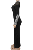 Black Rhinestone Embellished Turtleneck Mesh Dress Slim Fit Long Sleeve Elegant Maxi Evening Dress
