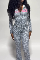 Blue Casual Leopard Print Camouflage Print Zipper Hooded Long Sleeve Two Pieces