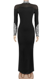 Black Rhinestone Embellished Turtleneck Mesh Dress Slim Fit Long Sleeve Elegant Maxi Evening Dress