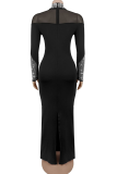 Black Rhinestone Embellished Turtleneck Mesh Dress Slim Fit Long Sleeve Elegant Maxi Evening Dress