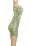 Green Bandeau Snake Print Dress Waist Cinched Bodycon Sexy Mini Party Gown
