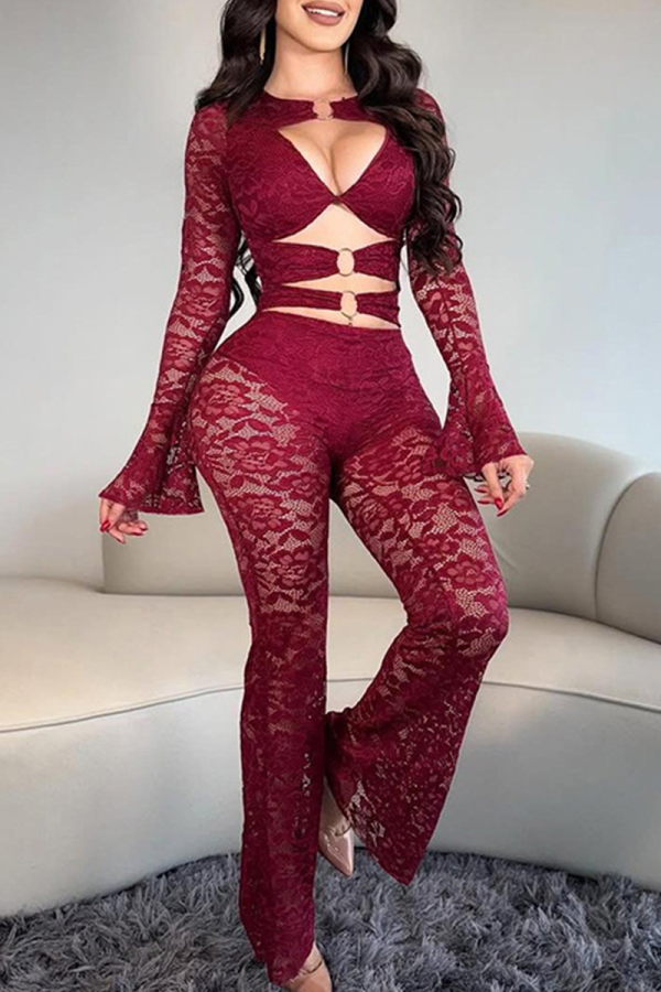 Burgundy Lace Cutout Two Piece Set Deep V Top Flared Pants Sexy Slim Fashion Outfit