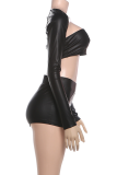 Black Bandeau Long Sleeve Three Piece Set Leather Crop Top Shorts Stylish Edgy Outfit