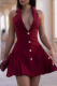 Burgundy Blazer Collar Deep V Dress Single Breasted Waist Pleated Mini Elegant Office Dress