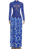 Blue Turtleneck Sheer Dress Printed Maxi Flared Skirt Stylish Vacation Gown