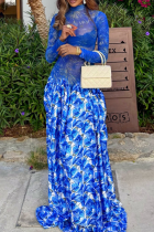 Blue Turtleneck Sheer Dress Printed Maxi Flared Skirt Stylish Vacation Gown
