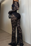Burgundy Lace Cutout Two Piece Set Deep V Top Flared Pants Sexy Slim Fashion Outfit