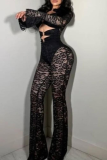 Burgundy Lace Cutout Two Piece Set Deep V Top Flared Pants Sexy Slim Fashion Outfit