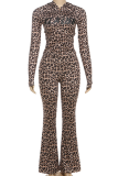 Brown Casual Leopard Print Camouflage Print Zipper Hooded Long Sleeve Two Pieces