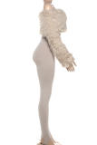 Khaki Off Shoulder Fur Trim Jumpsuit Slim Fitted Bodycon Stylish One Piece Pantsuit