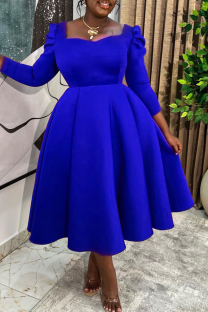 Blue Square Neck Puff Sleeve Dress Waist Cinched Flared Retro Midi Dress