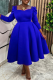 Blue Square Neck Puff Sleeve Dress Waist Cinched Flared Retro Midi Dress