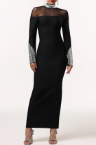 Black Rhinestone Embellished Turtleneck Mesh Dress Slim Fit Long Sleeve Elegant Maxi Evening Dress