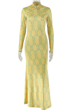 Yellow Printed Sheer Maxi Dress Turtleneck Long Sleeve Slim Fit Figure Flattering Dress