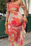 Red Printed One Shoulder Maxi Dress Drawstring Ruffle Sheer Bodycon Dress