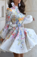 White Romantic Printed Puff Sleeve Dress Stand Collar Waist-Cinched Elegant Fairy Mini Dress