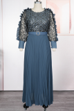 Gray Blue Plus Size Sequin Sheer Maxi Dress Puff Sleeve Pleated Waist Gown