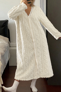 Cream White Cable Knit Long Nightgown Lace V-Neck Cardigan Cozy Warm Loungewear Robe