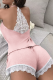 Pink Lace Open Back Cami Two-Piece Shorts Trim Comfort Loungewear Set